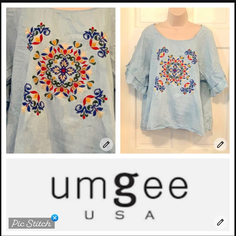 Umgee light blue embroidered ruffle sleeve top.